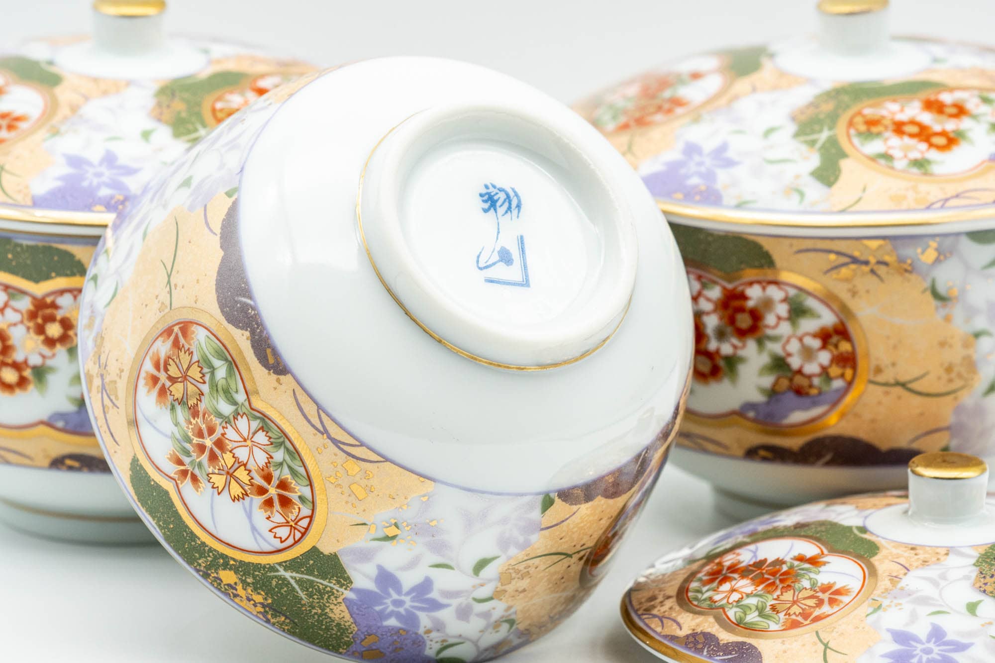 Japanese Tea Set - Floral Arita-yaki Dobin Teapot with 3 Lidded Yunomi Teacups