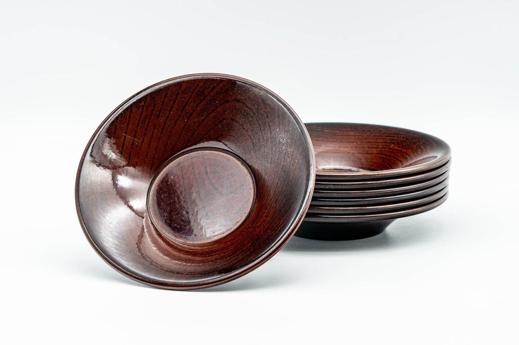 Japanese Chataku - Set of 7 Red Wood-Patterned Tea Coasters