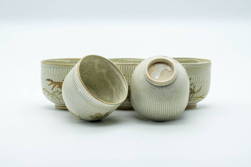 Japanese Tea Set - Beige Speckled Floral Kiyomizu-yaki Dobin Teapot with 5 Yunomi Teacups