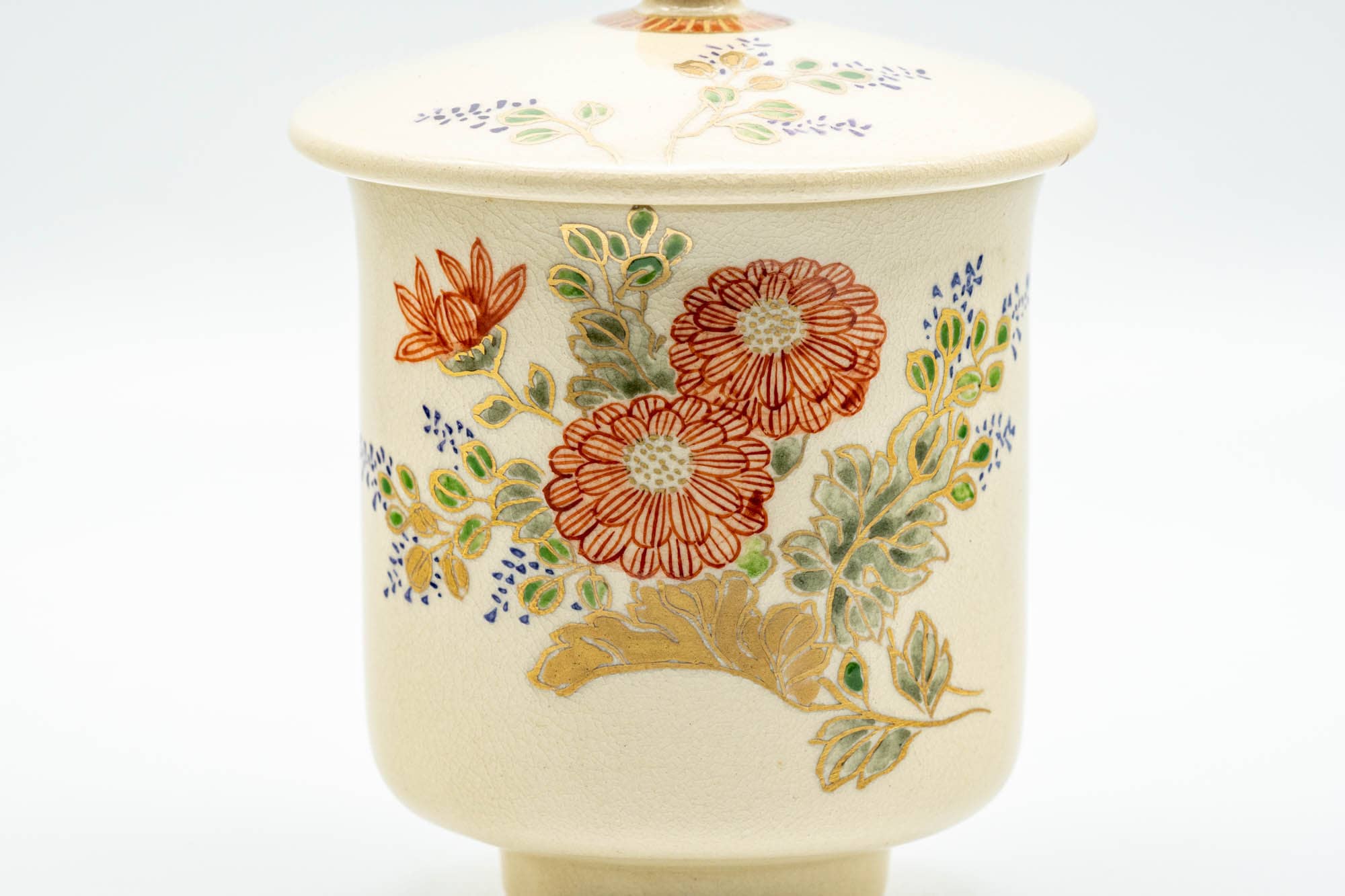 Japanese Teacups - Pair of Floral Beige Glazed Kutani-yaki Lidded Meoto Yunomi
