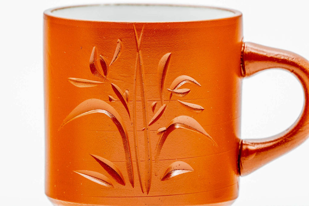 Japanese Teacup - Bamboo Engraved White Inner-Glazed Red Shudei Tokoname-yaki Yunomi - 85ml