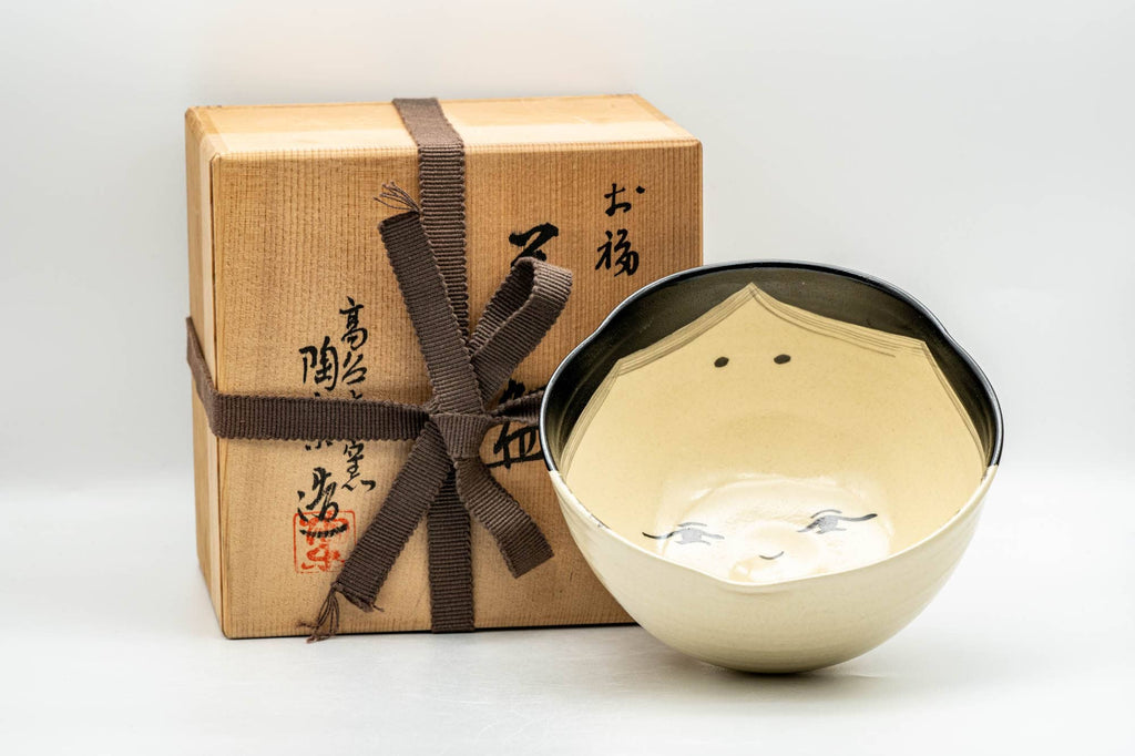 Japanese Matcha Bowl - Otafuku Okame Themed Kyo-yaki Chawan with Wooden Gift Box - 300ml