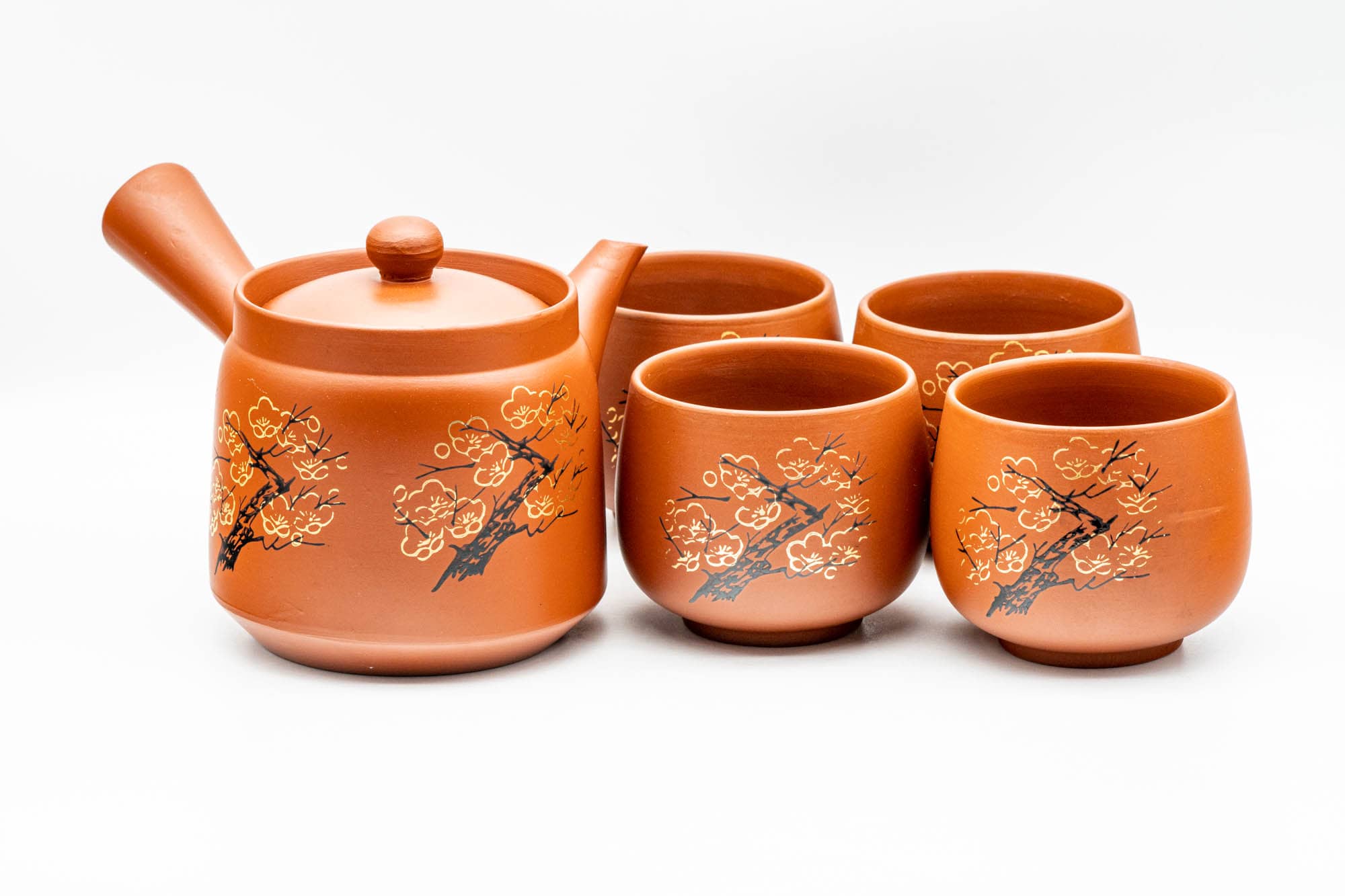 Japanese Tea Set - Floral Tokoname-yaki Kyusu Teapot with 4 Yunomi Teacups