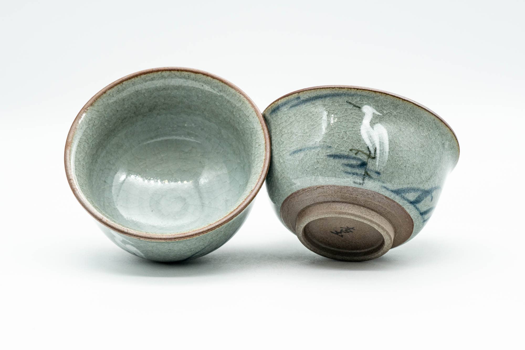 Japanese Teacups - Pair of 杏土窯 Egret Snowflake Celadon Glazed Yunomi - 90ml