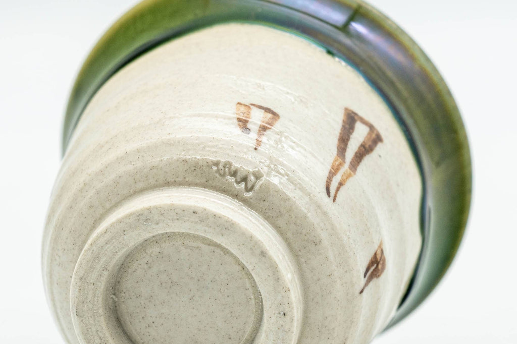 Japanese Teacup - Beige Green Drip-Glazed Geometric Oribe-yaki Yunomi - 70ml