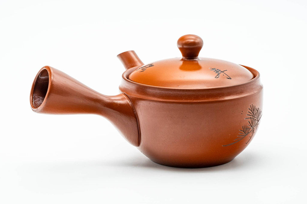 Japanese Kyusu - Kanji Leaves Engraved Red Shudei Tokoname-yaki Mesh Teapot - 275ml