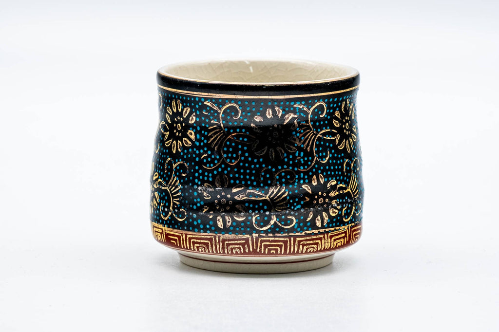 Japanese Teacup - Aochiba Blue Gold Floral Kutani-yaki Yunomi - 170ml