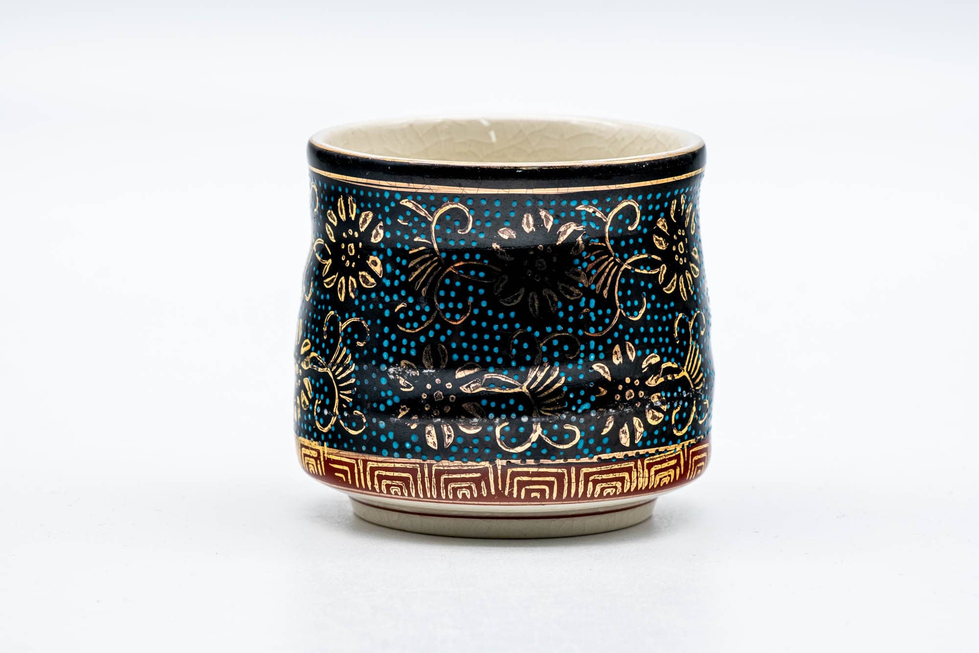 Japanese Teacup - Aochiba Blue Gold Floral Kutani-yaki Yunomi - 170ml