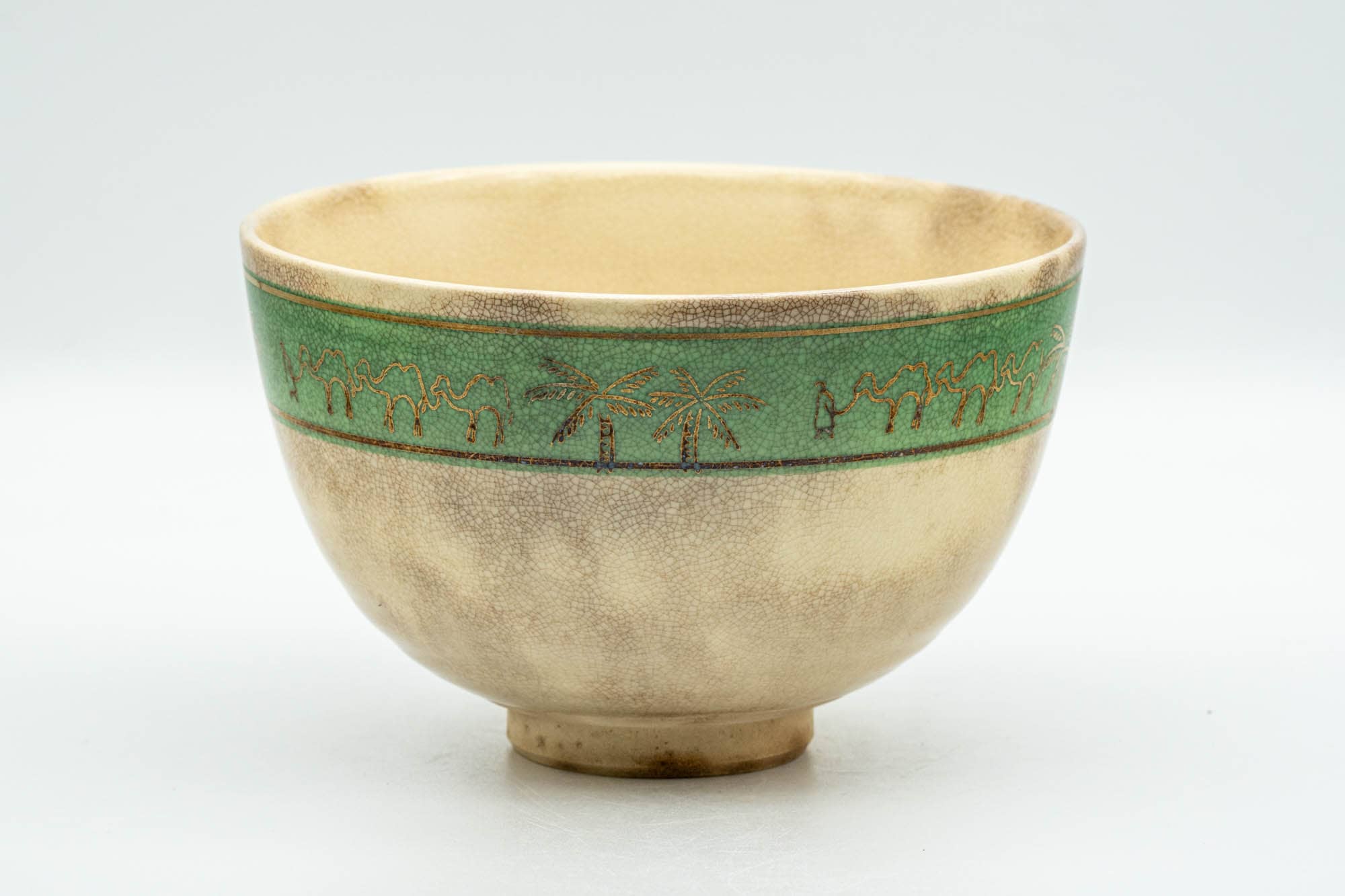 Japanese Matcha Bowl - Camel Green Palm Trees Kyo-yaki Chawan - 350ml