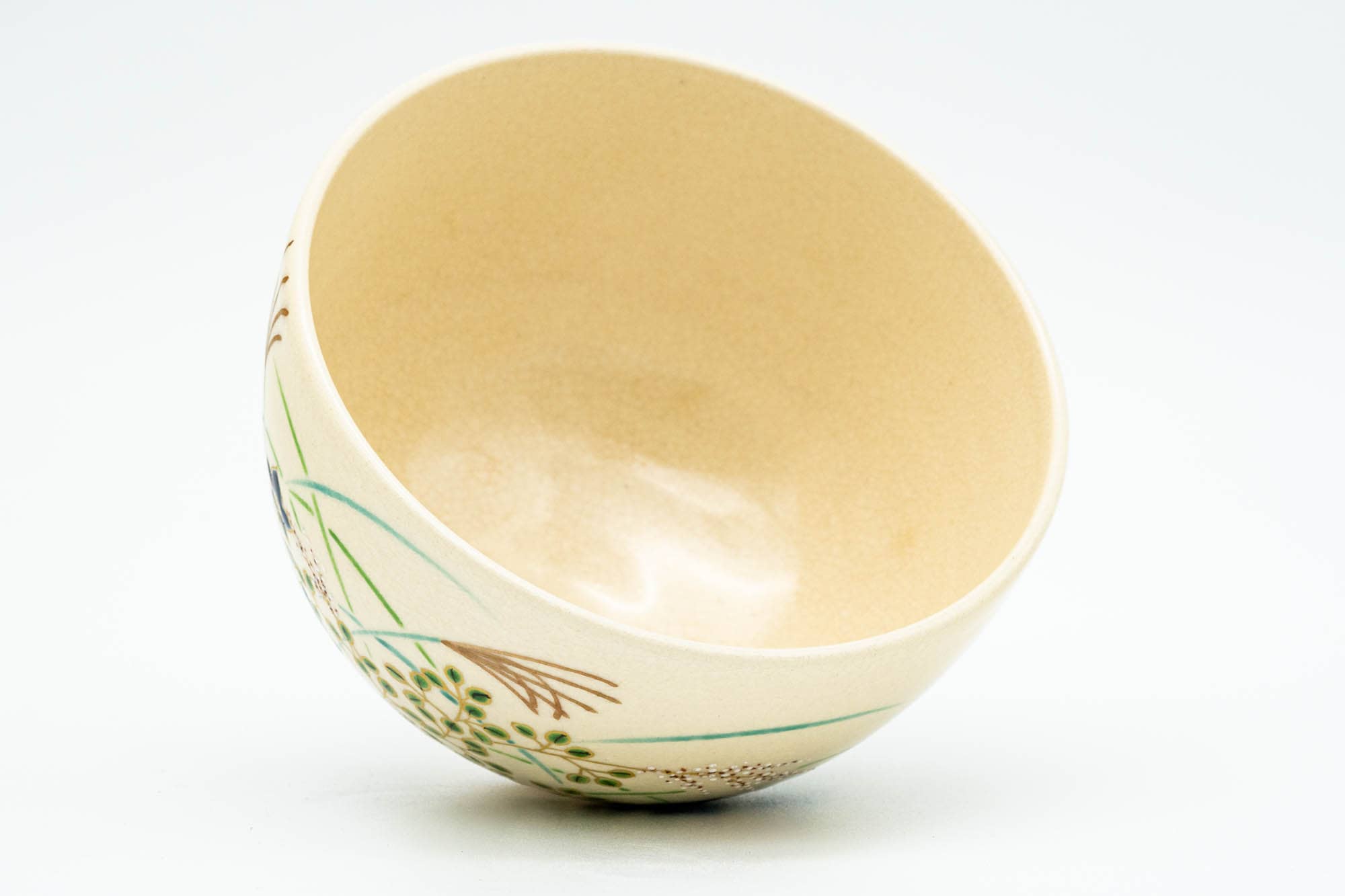 Japanese Matcha Bowl - 暁窯 Akatsuki Kiln - Beige Floral Kyo-yaki Chawan in Wooden Box - 300ml