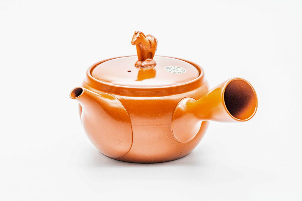 Japanese Kyusu - Horse Lid Handle Red Shudei Tokoname-yaki Mesh Teapot - 350ml