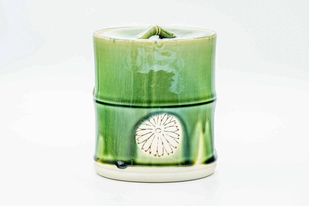 Japanese Mizusashi - Green Drip-Glazed Bamboo-Shaped Fresh Water Container - 1100ml