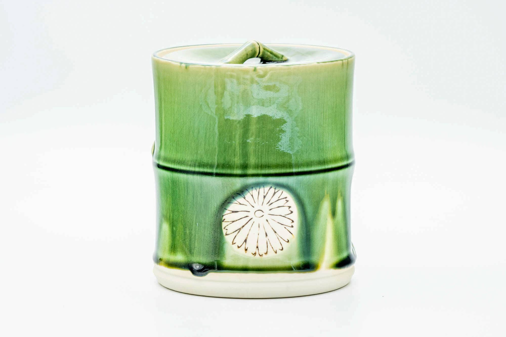 Japanese Mizusashi - Green Drip-Glazed Bamboo-Shaped Fresh Water Container - 1100ml