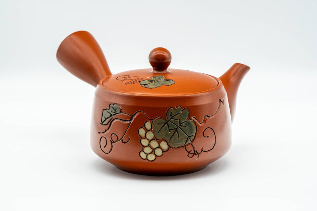 Japanese Kyusu - Grapevine Engraved Tokoname-yaki Obi-ami 360 Mesh Teapot - 370ml