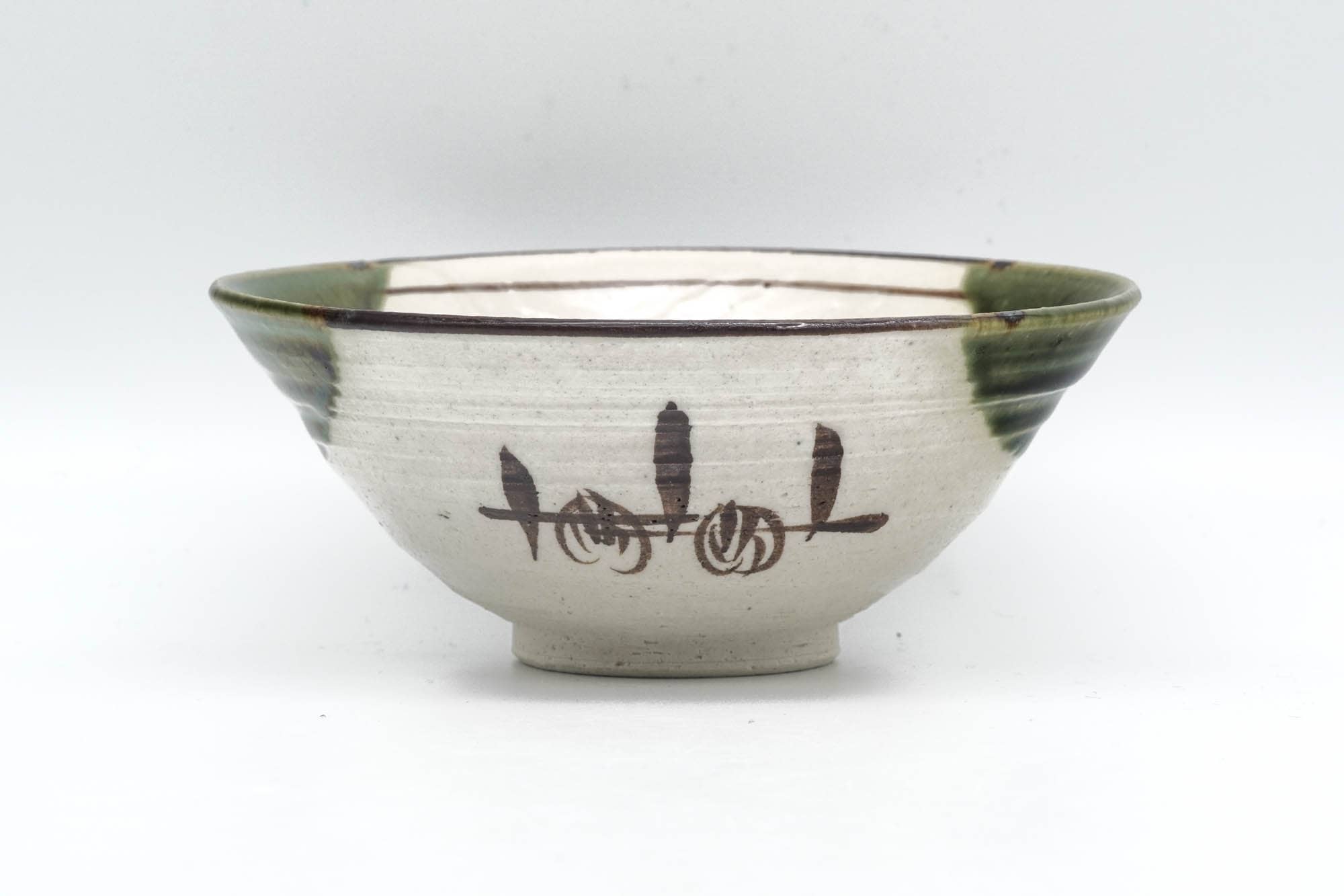 Japanese Matcha Bowl - Abstract Green White Glazed Oribe-yaki Chawan - 150ml