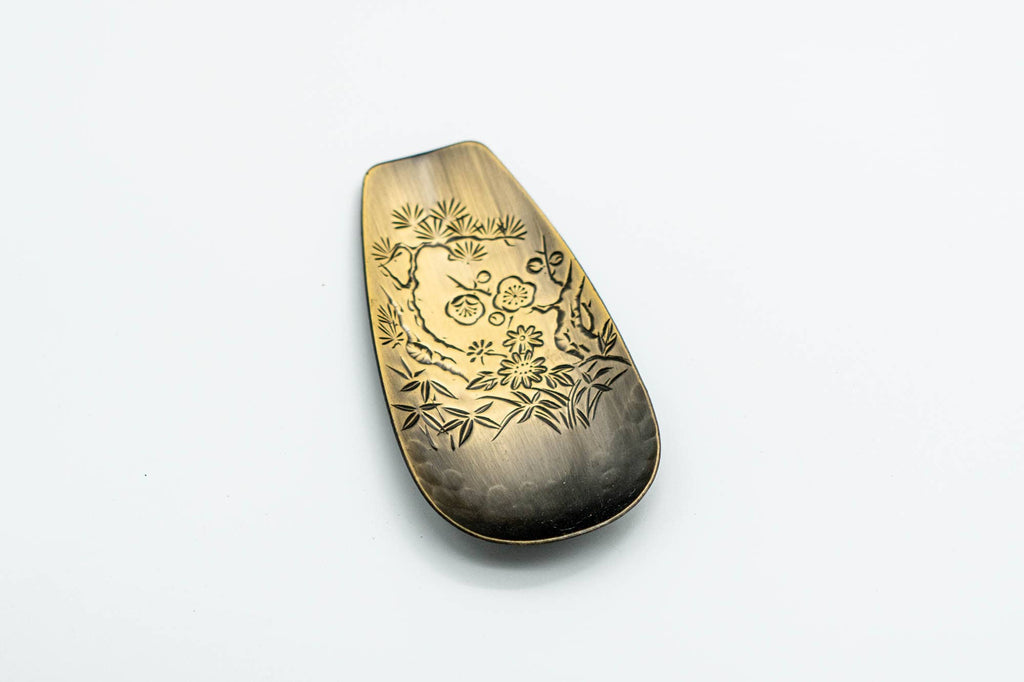Japanese Chataku - Set of 5 Hammered Brass Uniquely Engraved Tea Saucers with Chasaji Tea Scoop in Wooden Box