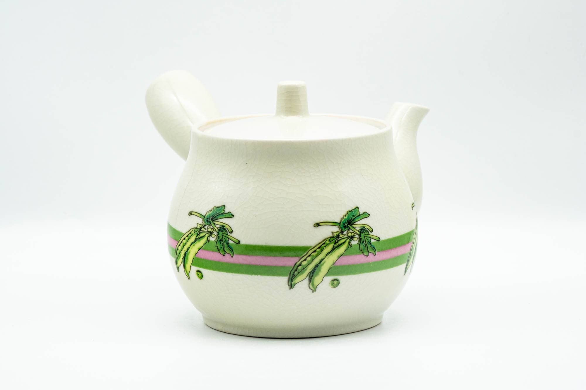 Japanese Kyusu - Beige Green Striped Snow Peas Kutani-yaki Debeso Teapot - 400ml