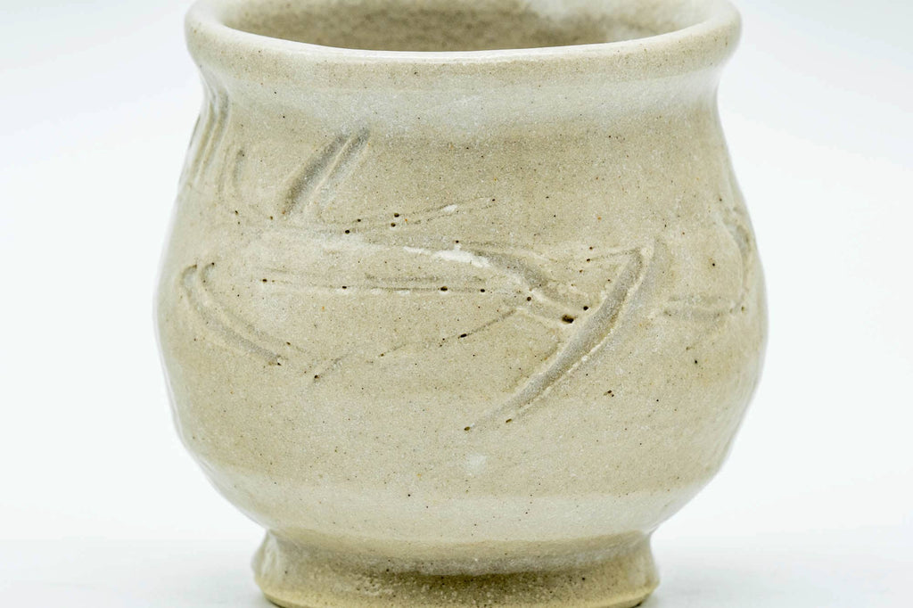 Japanese Teacups - Pair of Beige Circular Meoto Yunomi in Wooden Box