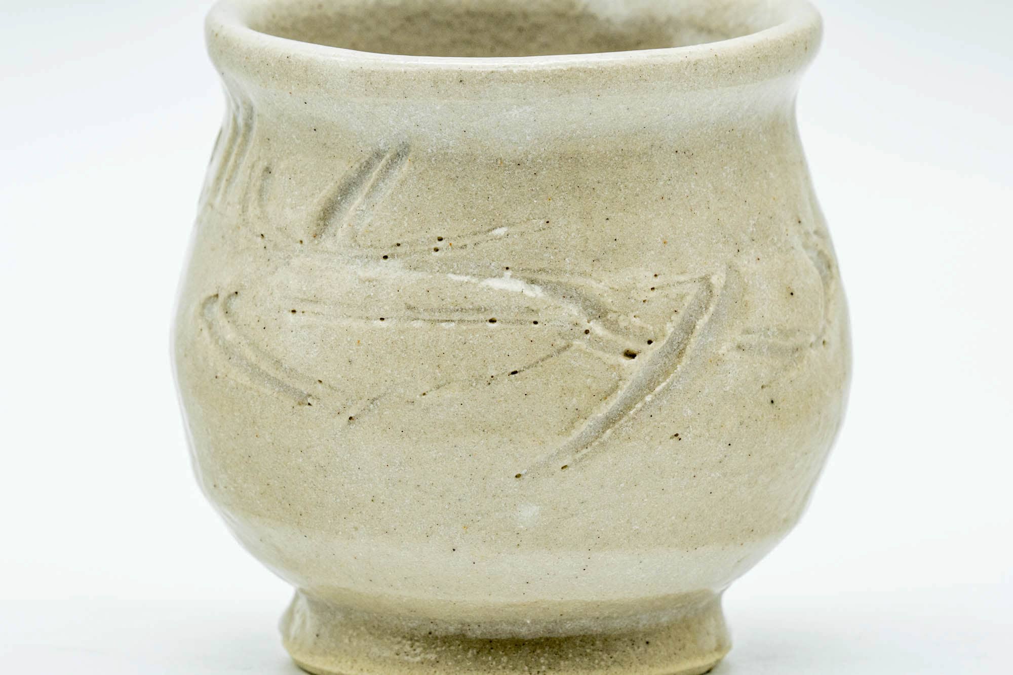 Japanese Teacups - Pair of Beige Circular Meoto Yunomi in Wooden Box