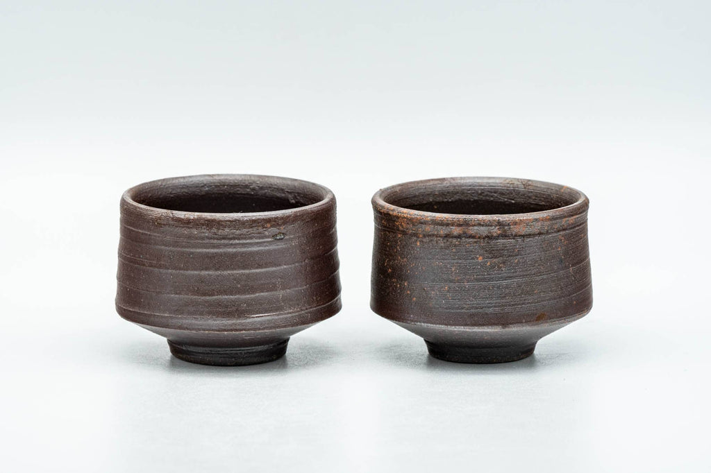 Japanese Teacups - Pair of Brown Spiraling Stoneware Guinomi - 40ml
