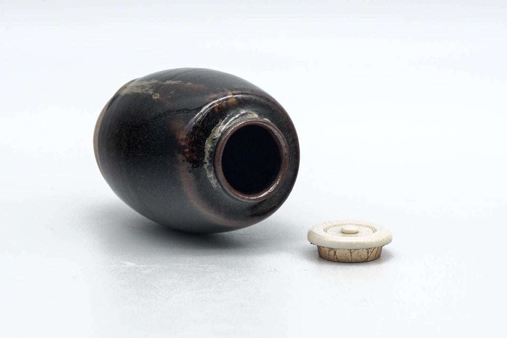 Japanese Chaire - Black Seto-yaki Imo-no-ko Tea Jar with Shifuku