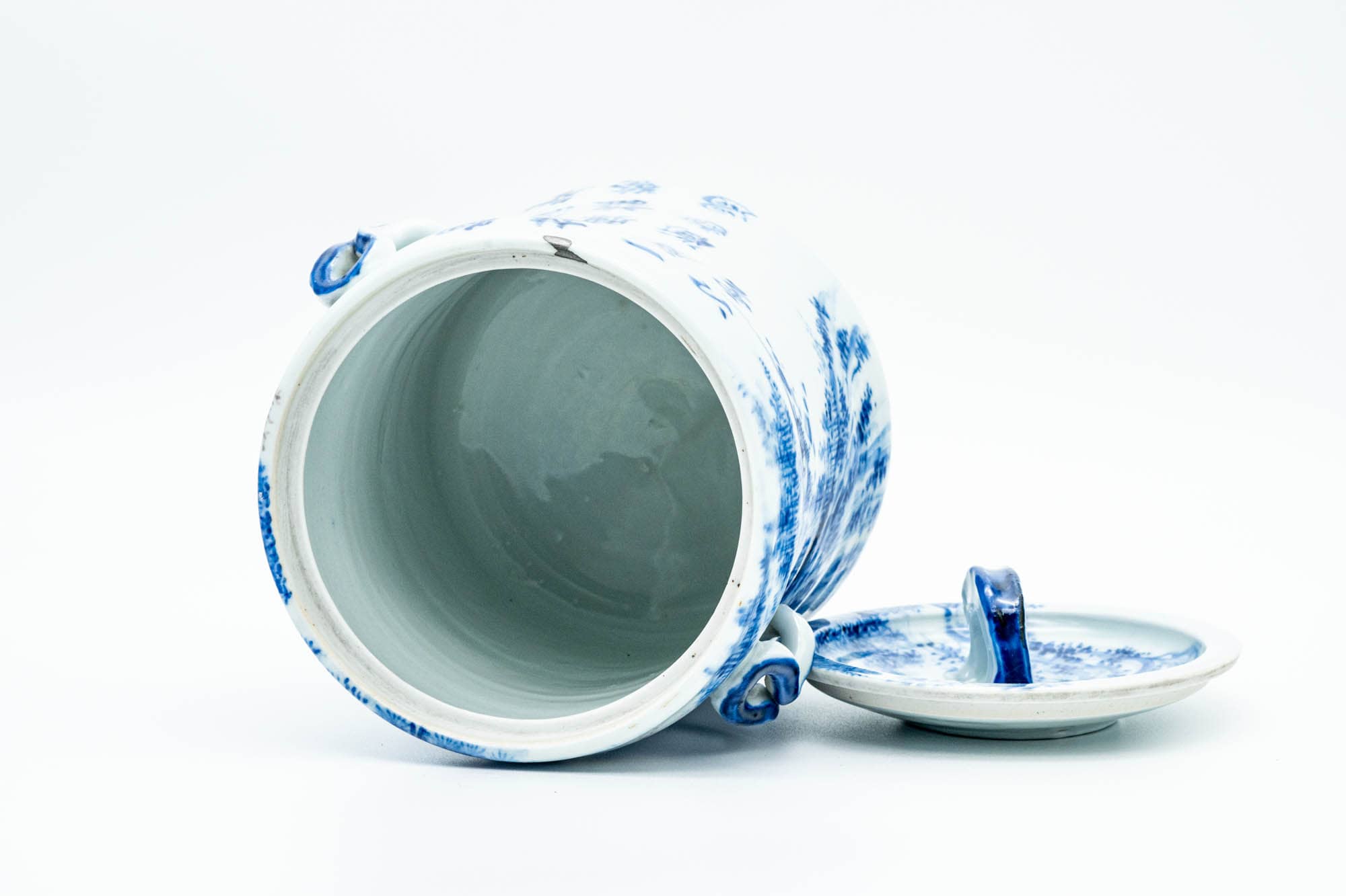 Japanese Mizusashi - Blue Kanji Mountainous Porcelain Fresh Water Container - 1100ml