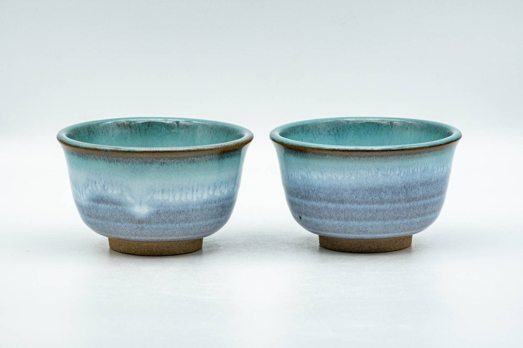Japanese Teacups - Pair of Purple Turquoise Drip-Glazed Agano-yaki Yunomi - 100ml
