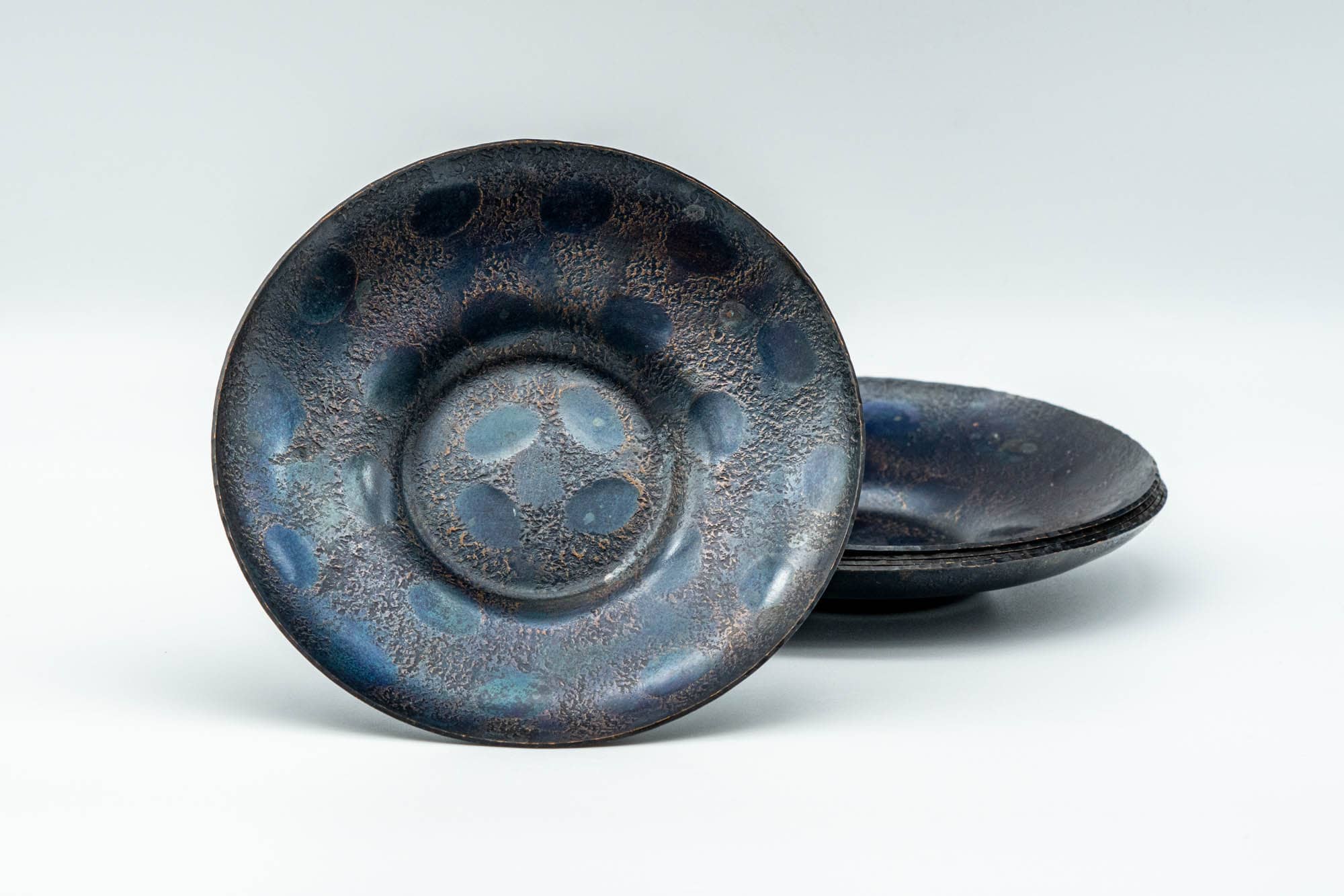 Japanese Chataku - Set of 5 上彬 Blue Spotted Hammered Tea Saucers