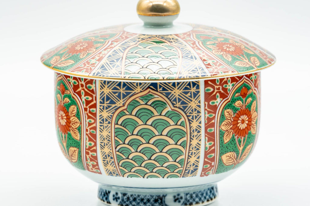 Japanese Teacup - Floral Geometric Gold Arita-yaki Lidded Yunomi - 140ml
