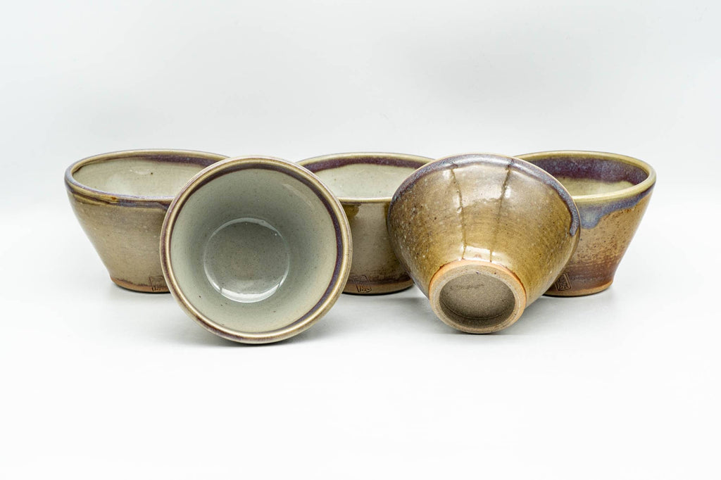 Japanese Tea Set - Green Purple Drip-Glazed Houhin Teapot - Katakuchi Water Cooler - 5 Yunomi Teacups
