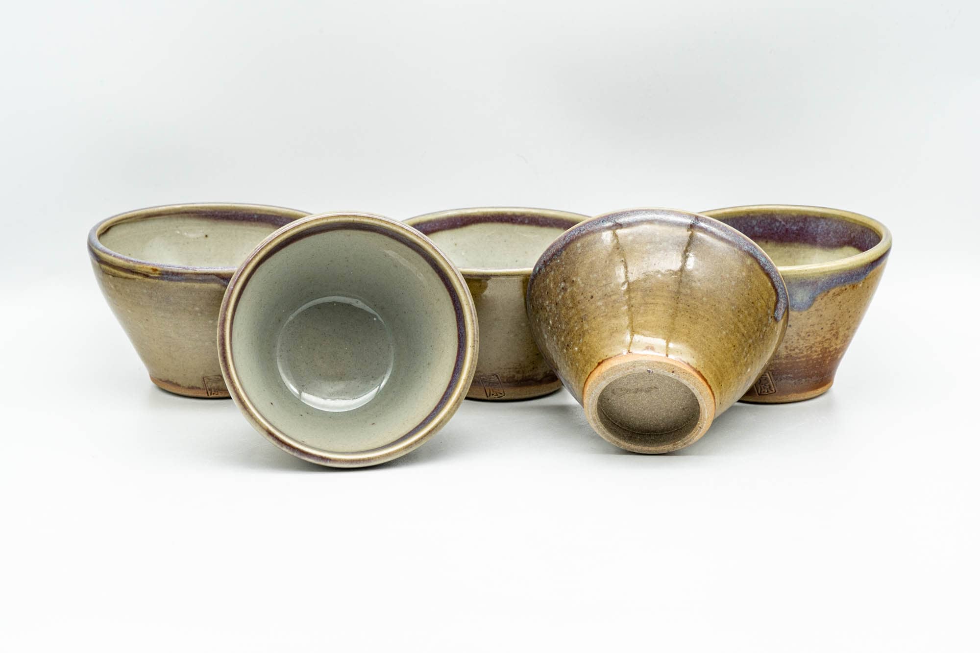 Japanese Tea Set - Green Purple Drip-Glazed Houhin Teapot - Katakuchi Water Cooler - 5 Yunomi Teacups