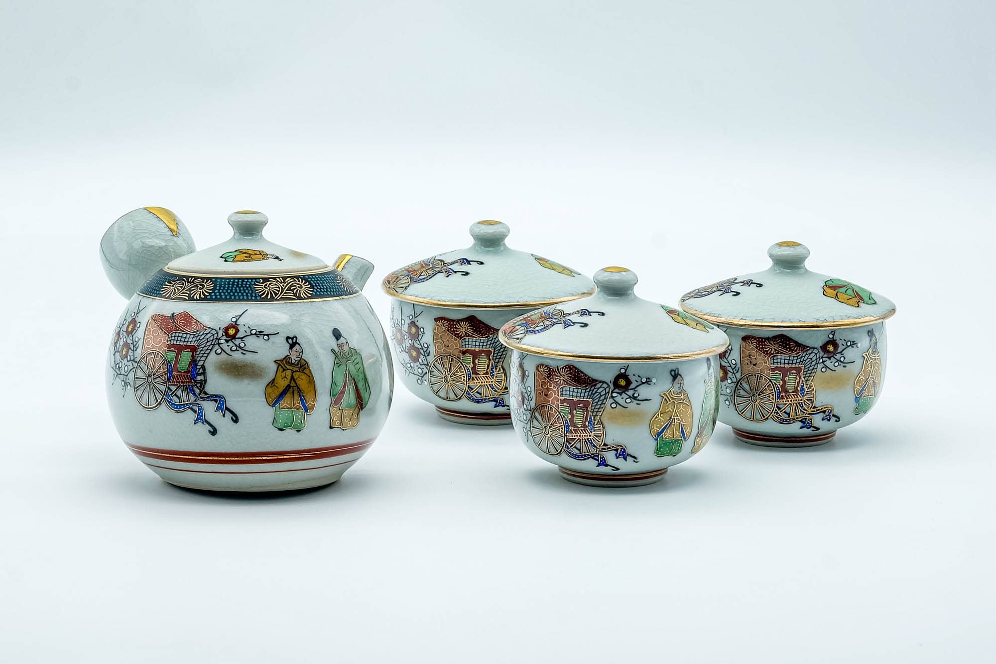 Japanese Tea Set - Villager Decorated Kutani-yaki Kyusu Teapot with 3 Lidded Yunomi Teacups