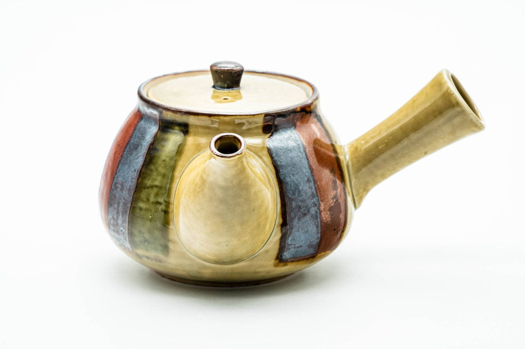 Japanese Kyusu - Beige Colourfully Striped Ceramic Filter Teapot - 400ml