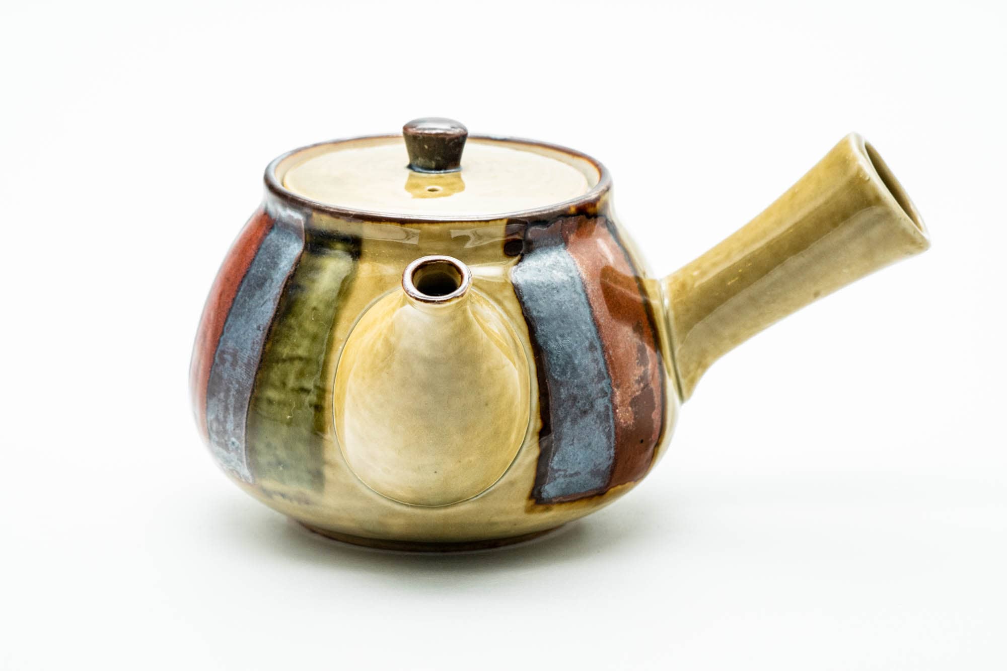 Japanese Kyusu - Beige Colourfully Striped Ceramic Filter Teapot - 400ml