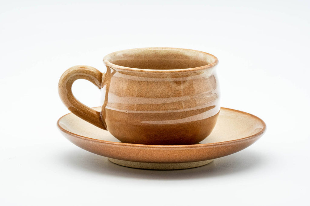 Japanese Teacup Set - Beige Drip-Glazed Hagi-yaki Ushirode Yunomi with Coaster - 150ml
