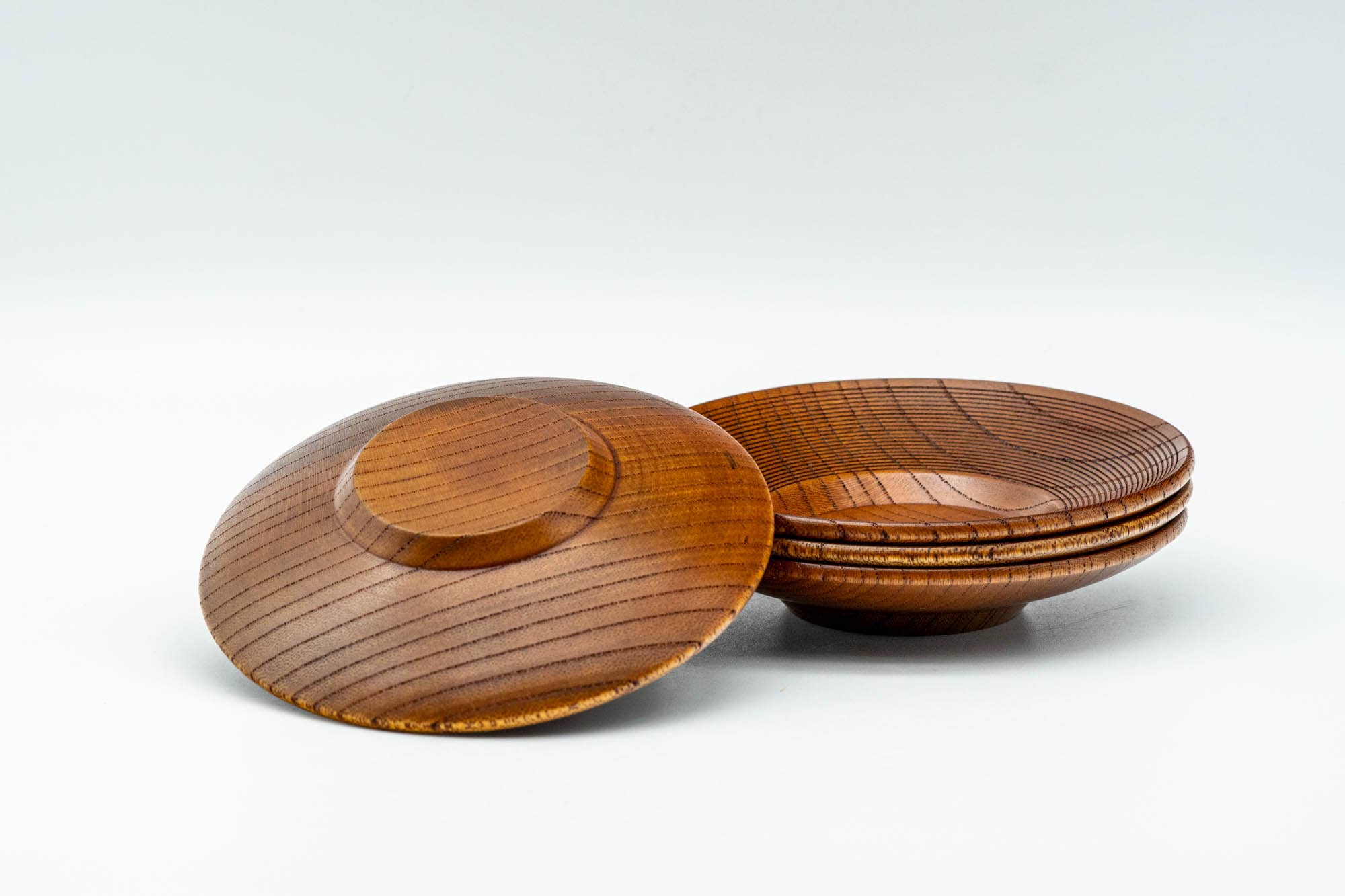 Japanese Chataku - Set of 4 Spiraling Wooden Tea Saucers