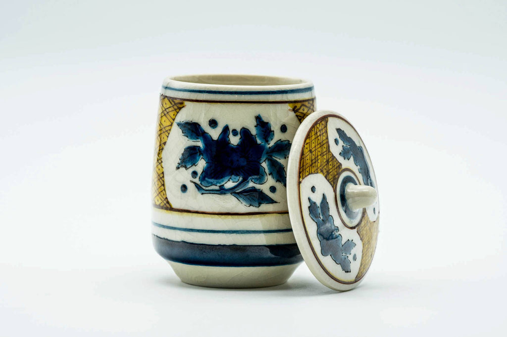 Japanese Teacup - Beige Blue Geometric Kutani-yaki Lidded Yunomi - 160ml