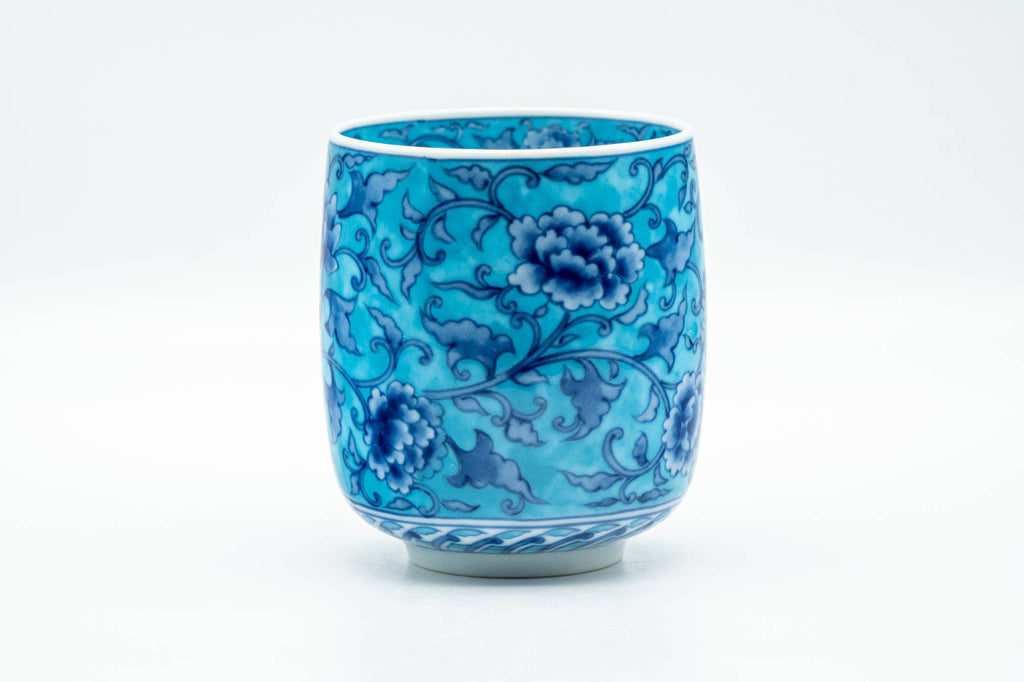 Japanese Teacup - Large Blue Floral Gold Kanji Arita-yaki Yunomi - 240ml