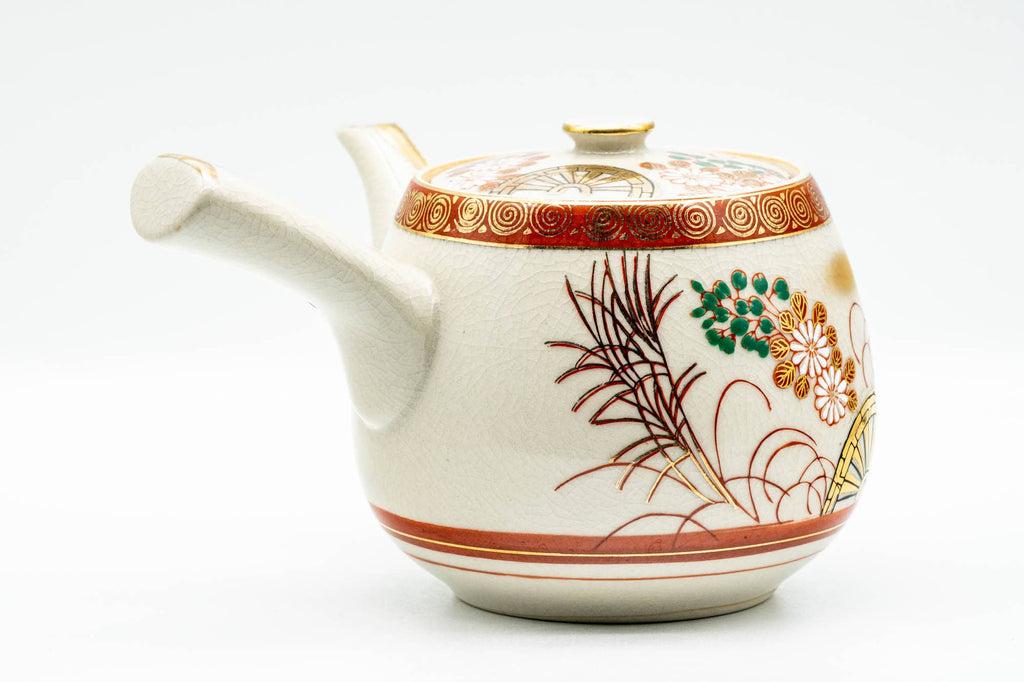 Japanese Kyusu - Red Gold White Chrysanthemums Kutani-yaki Debeso Teapot - 550ml