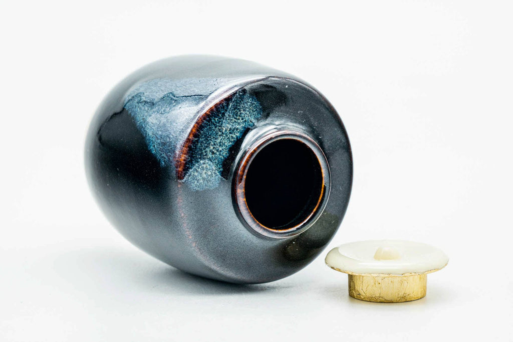 Japanese Chaire - Black Blue Drip-Glazed Katatsuki Seto-yaki Tea Canister with Shifuku
