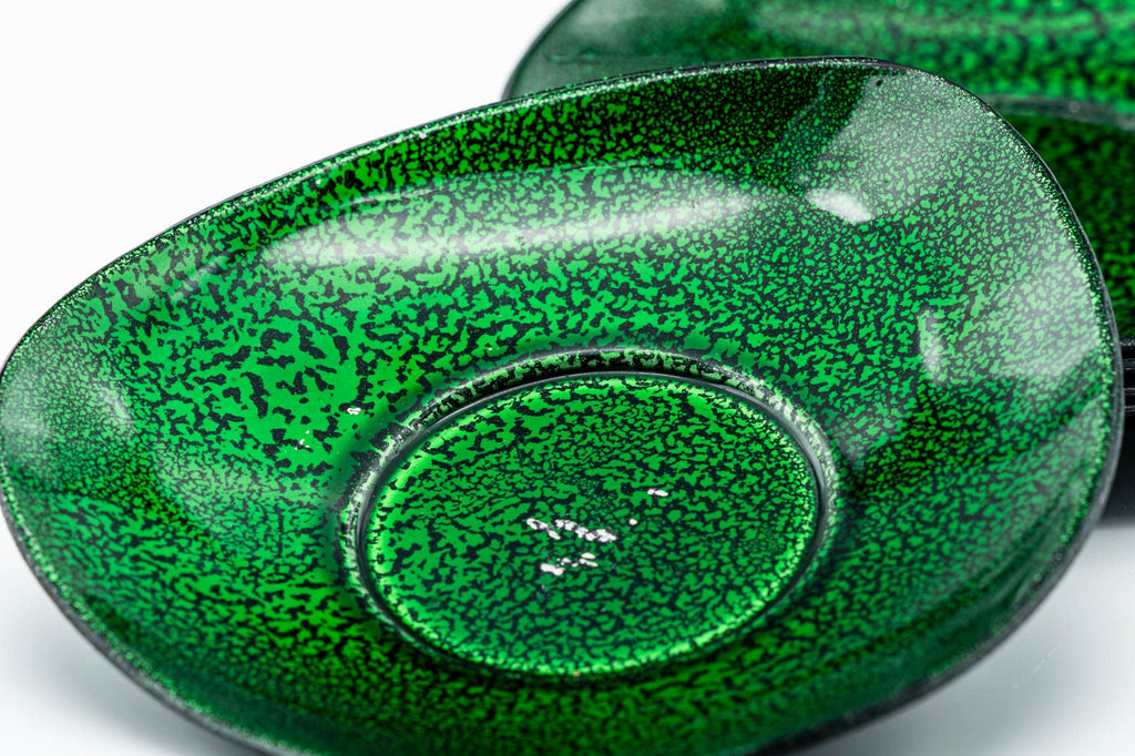Japanese Chataku - Set of 5 Green Speckled Black Lacquer Triangular Tea Saucers