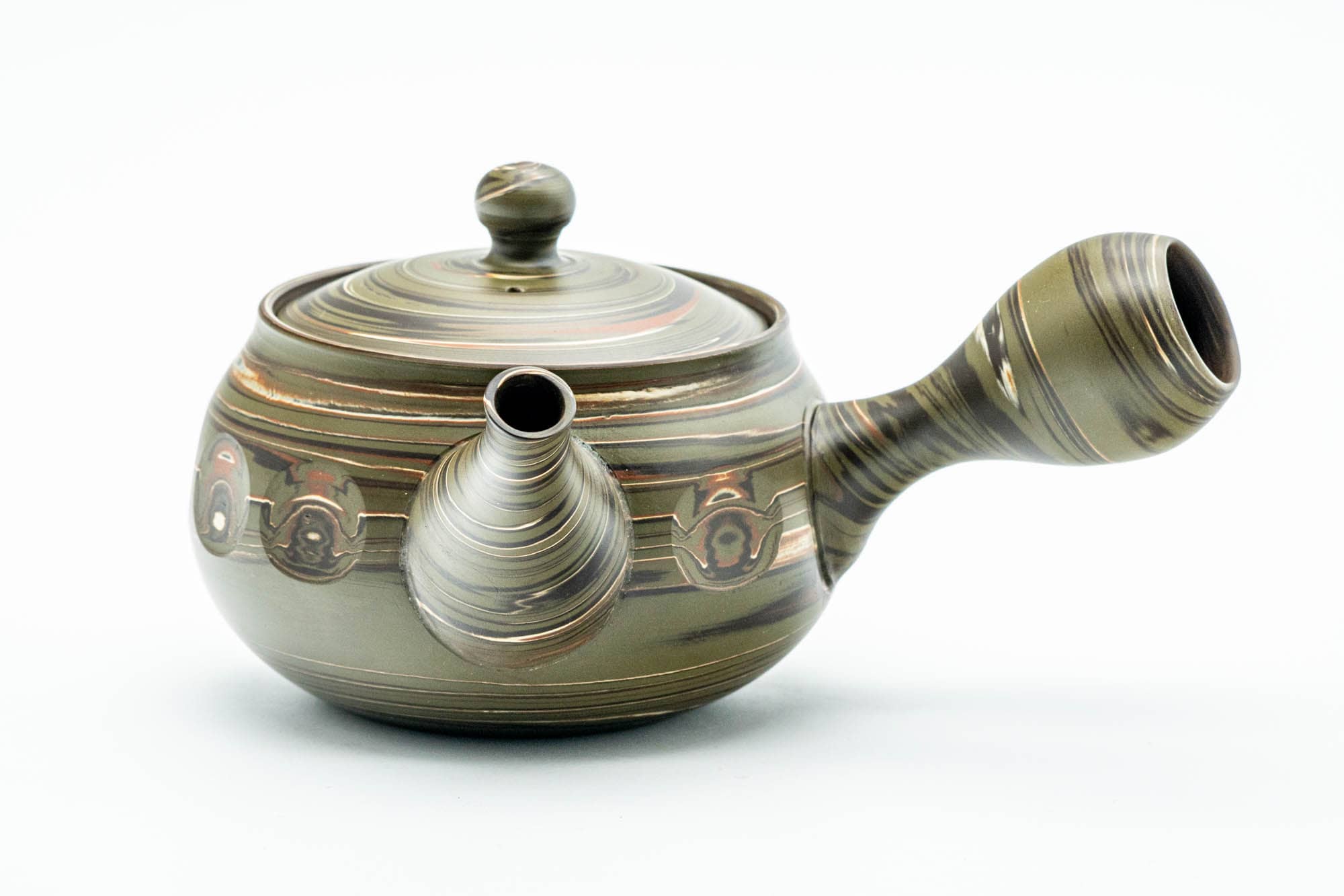 Japanese Kyusu - Carved Green Marbled Nerikomi Tokoname-yaki Mesh Teapot - 300ml