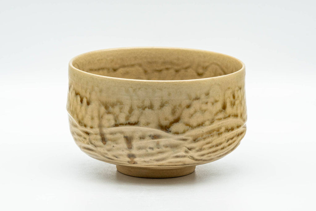 Japanese Matcha Bowl - Beige Green Drip-Glazed Carved Kyo-yaki Chawan - 300ml
