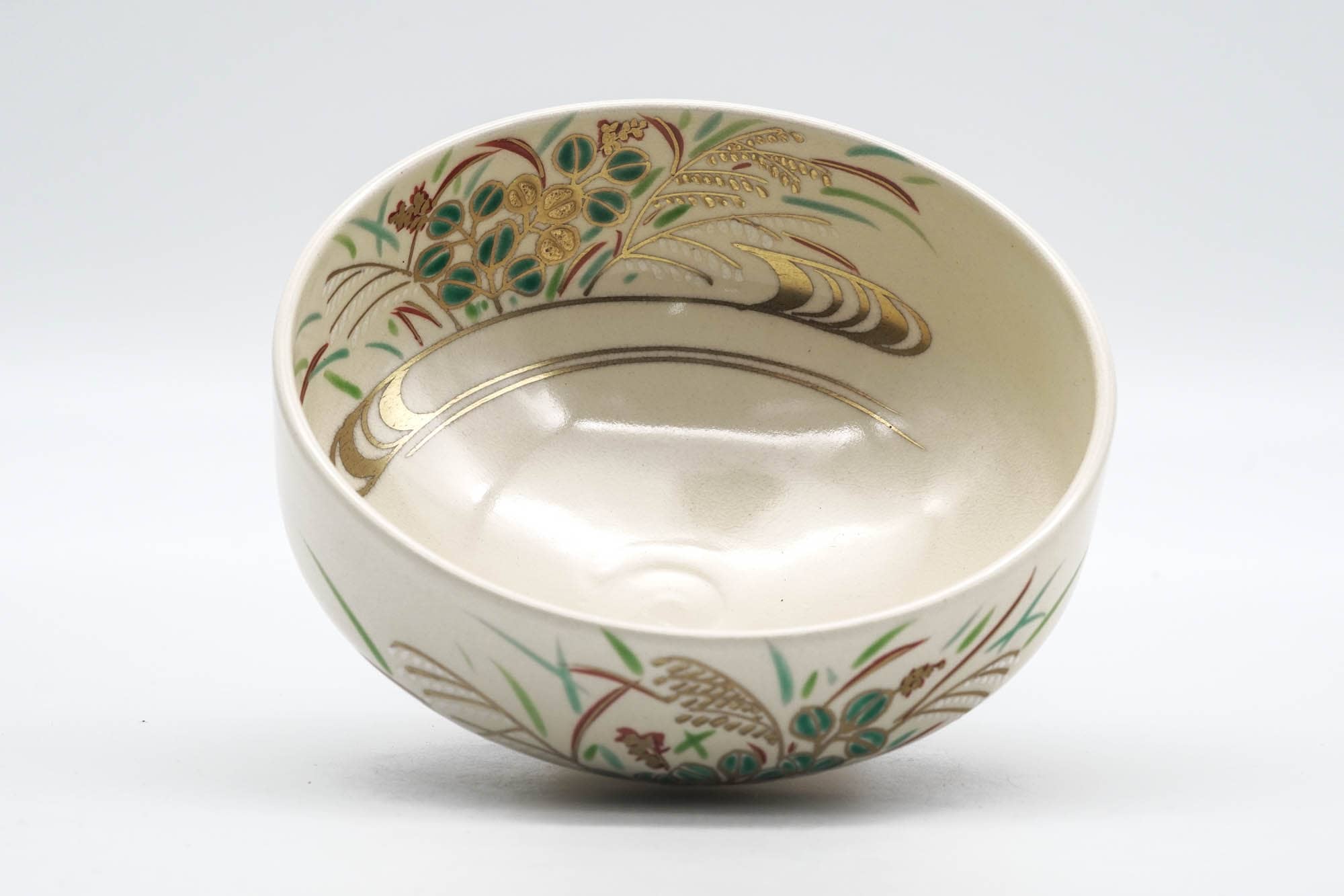Japanese Matcha Bowl - Green Gold Floral Kyo-yaki Chawan - 200ml