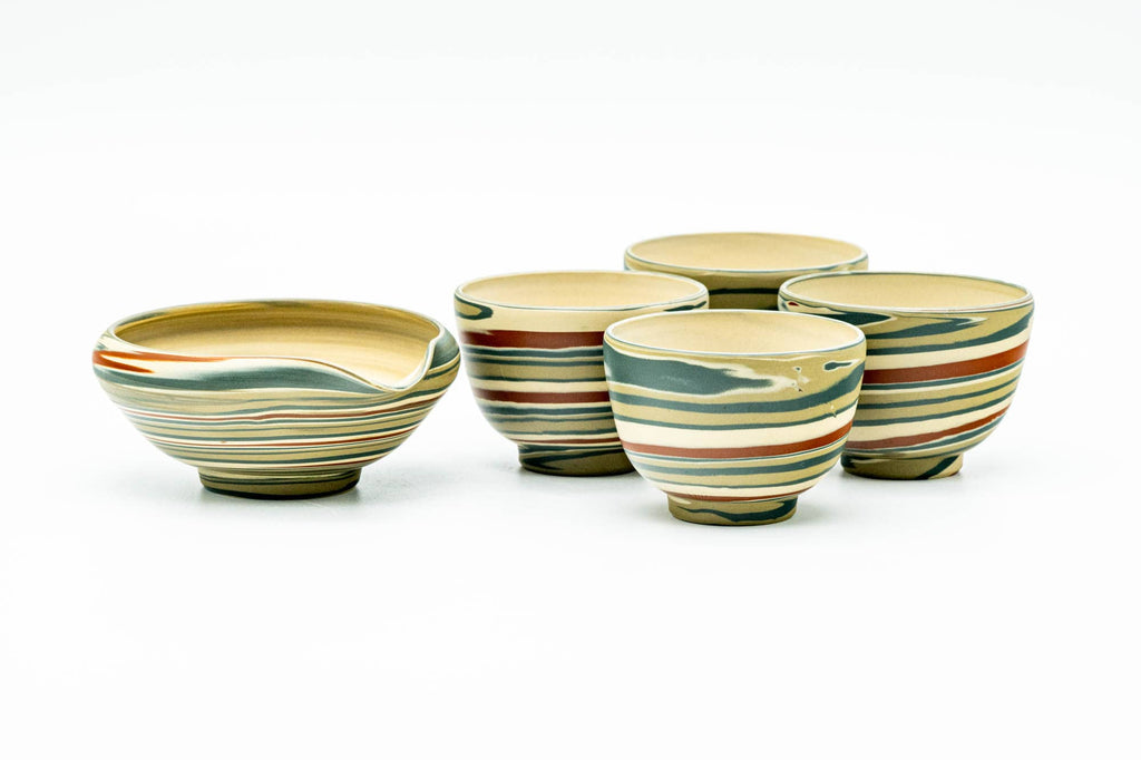 Japanese Tea Set - Marbled Nerikomi Tokoname-yaki Katakuchi Water Cooler and 4 Yunomi Teacups