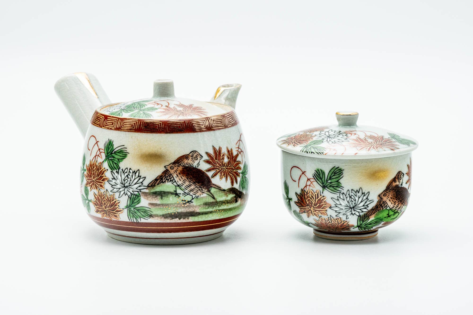 Japanese Tea Set - Floral Birds Kutani-yaki Kyusu Teapot and Lidded Yunomi