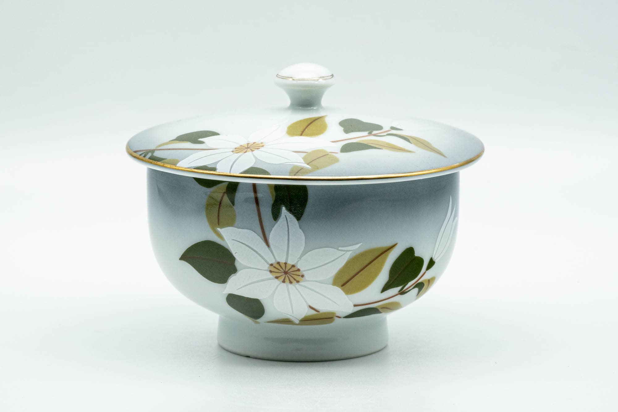 Japanese Teacup - White Floral Arita-yaki Lidded Yunomi - 130ml