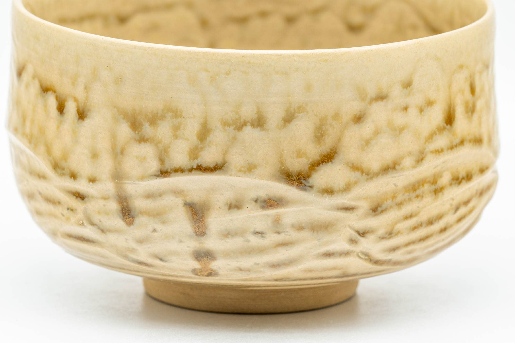 Japanese Matcha Bowl - Beige Green Drip-Glazed Carved Kyo-yaki Chawan - 300ml