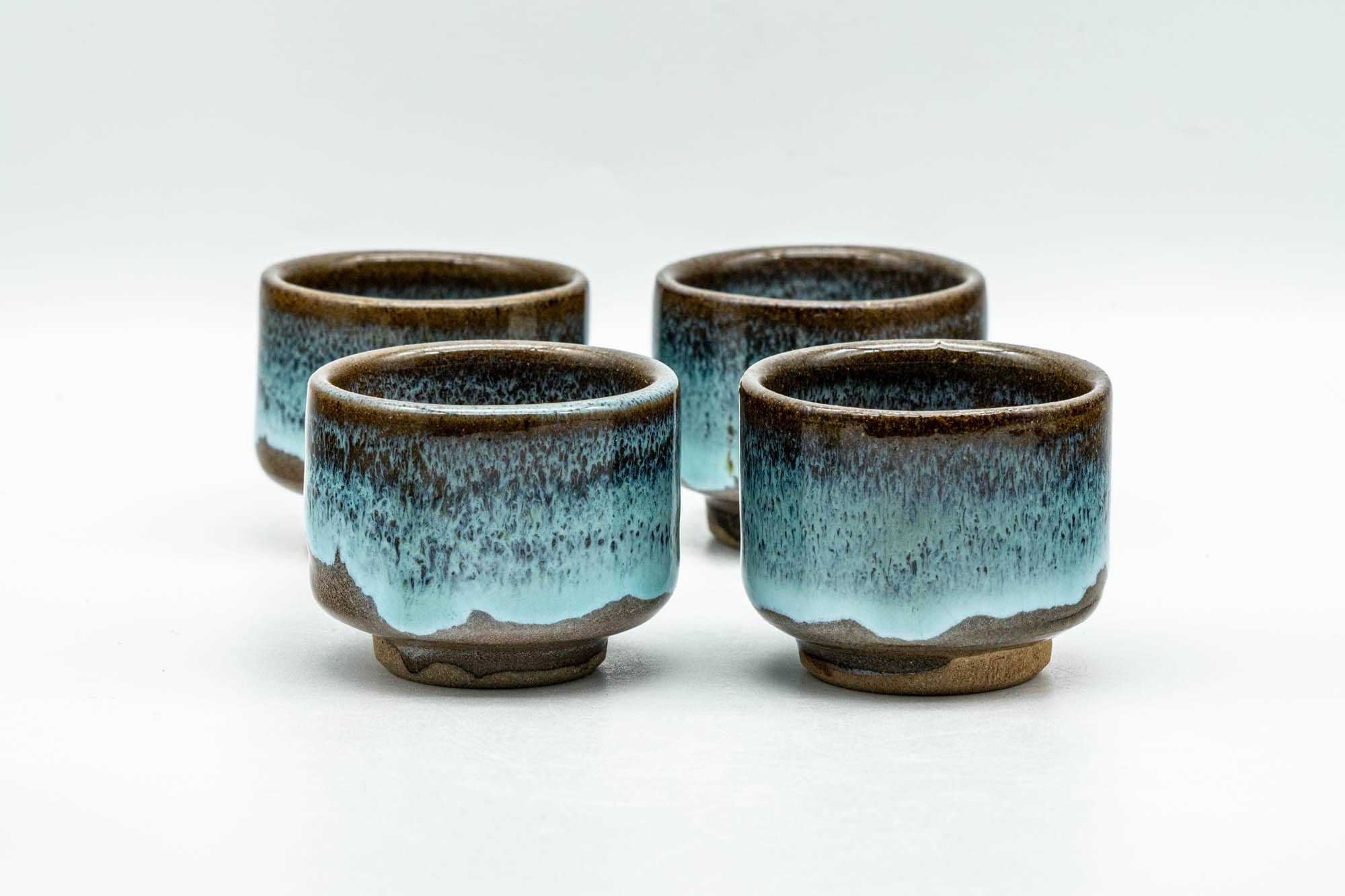 Japanese Teacups - Set of 4 Blue Hare's Fur Drip-Glazed Agano-yaki Guinomi - 35ml