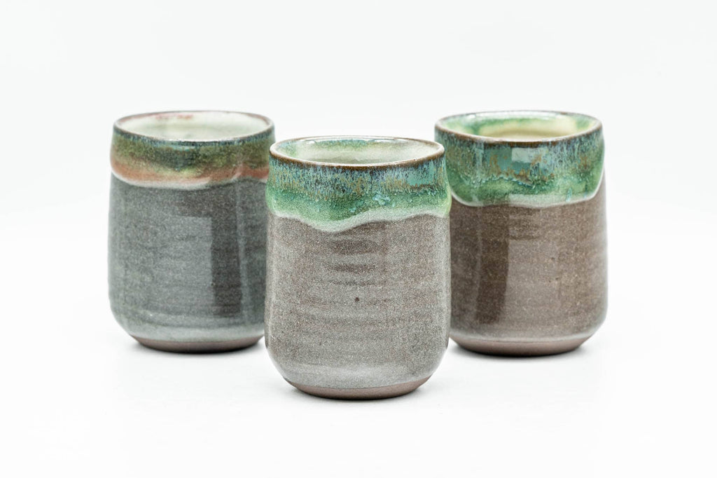 Japanese Teacup - Set of 3 Triangular-Shaped Green Drip-Glazed Yunomi - 90ml